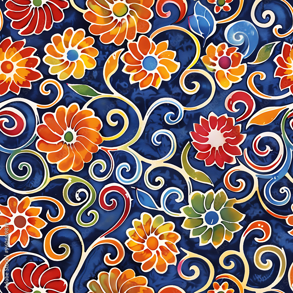 Naklejka premium Batik Inspired Floral Seamless Tile