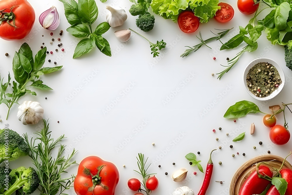 Fresh vegetables and herbs arranged in a circle on white background. Organic food ingredients with copy space for text. Design for food blog, banner, or recipe marketing material Fresh vegetables and herbs arranged in a circle on white background. Organic food ingredients with copy space for text. Design for food blog, banner, or recipe marketing material