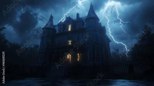 A Haunted Mansion Bathed in Thunder and Rain photo