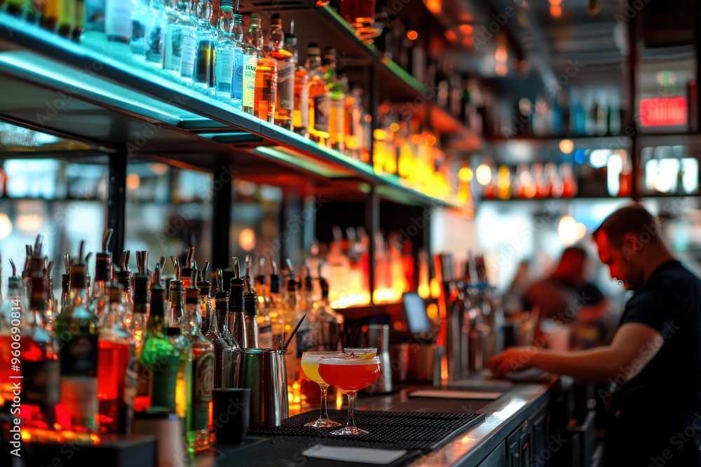 A skilled bartender prepares a colorful cocktail amidst shelves of illuminated spirits, creating a lively and inviting nightlife ambiance A skilled bartender prepares a colorful cocktail amidst shelves of illuminated spirits, creating a lively and inviting nightlife ambiance