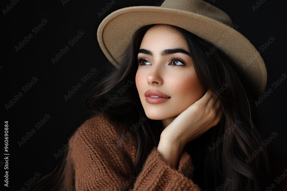 Happy smiling woman fashionable confident female wearing classy accessories, portrait photography on professional studio background, showing joy and happiness Happy smiling woman fashionable confident female wearing classy accessories, portrait photography on professional studio background, showing joy and happiness