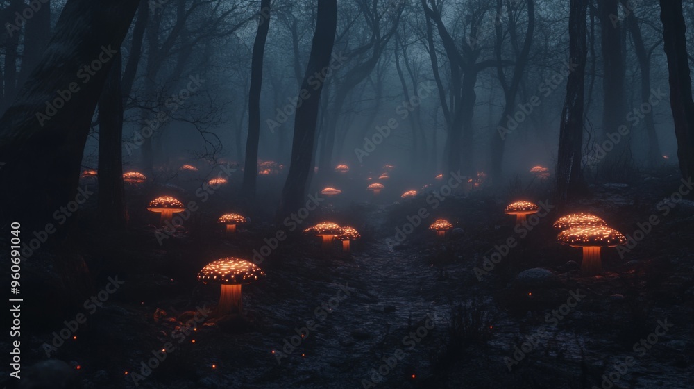 Glowing Mushrooms in a Foggy Forest at Night