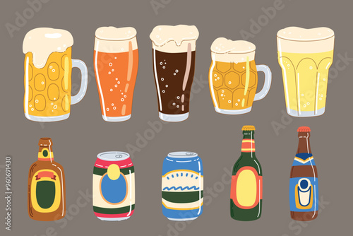 Set of different beer glasses and bottles isolated on white background. Hand drawn trendy flat vector illustrations for Oktoberfest beer festival, brewing concept.