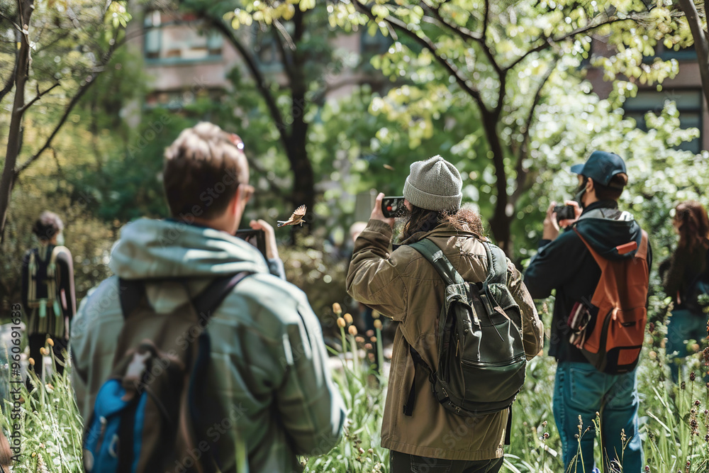 City dwellers participating in urban wildlife observation, birds City dwellers participating in urban wildlife observation, birds