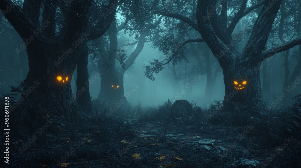 Eerie Forest With Glowing Eyes in Tree Trunks Eerie Forest With Glowing Eyes in Tree Trunks