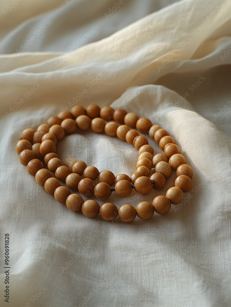 Wooden beads on a light, draped fabric. Wooden beads on a light, draped fabric.