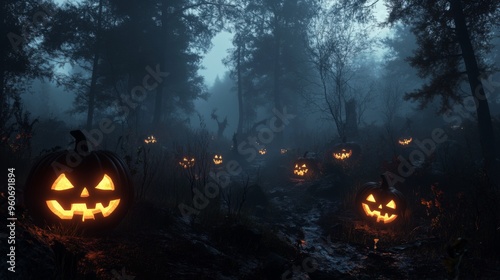 Wallpaper Mural Glowing Jack-o'-Lanterns in a Foggy Forest Path Torontodigital.ca