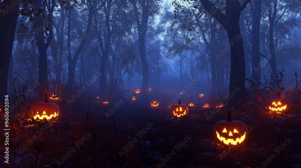 Jack-o'-lanterns Glowing in a Foggy Forest at Night Jack-o'-lanterns Glowing in a Foggy Forest at Night