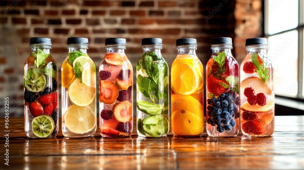 Rows of vibrant fruit-infused water bottles sit attractively on a rustic wooden table, showcasing fresh ingredients and inviting hydration on a sunny day Rows of vibrant fruit-infused water bottles sit attractively on a rustic wooden table, showcasing fresh ingredients and inviting hydration on a sunny day