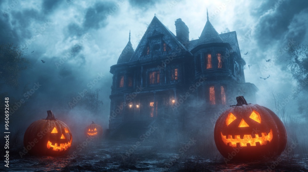 Haunted Mansion with Jack-o'-Lanterns on a Foggy Halloween Night Haunted Mansion with Jack-o'-Lanterns on a Foggy Halloween Night