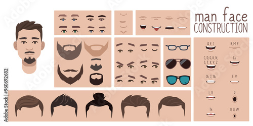 Asian man face constructor, avatar of  male character creation hairstyle, nose, eyes with eyebrows and lips. Facial elements for construction. Cartoon set suitable for animation and lip sync speaking.