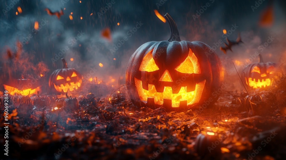 Illuminated Jack-O'-Lantern in a Smoky Halloween Setting Illuminated Jack-O'-Lantern in a Smoky Halloween Setting