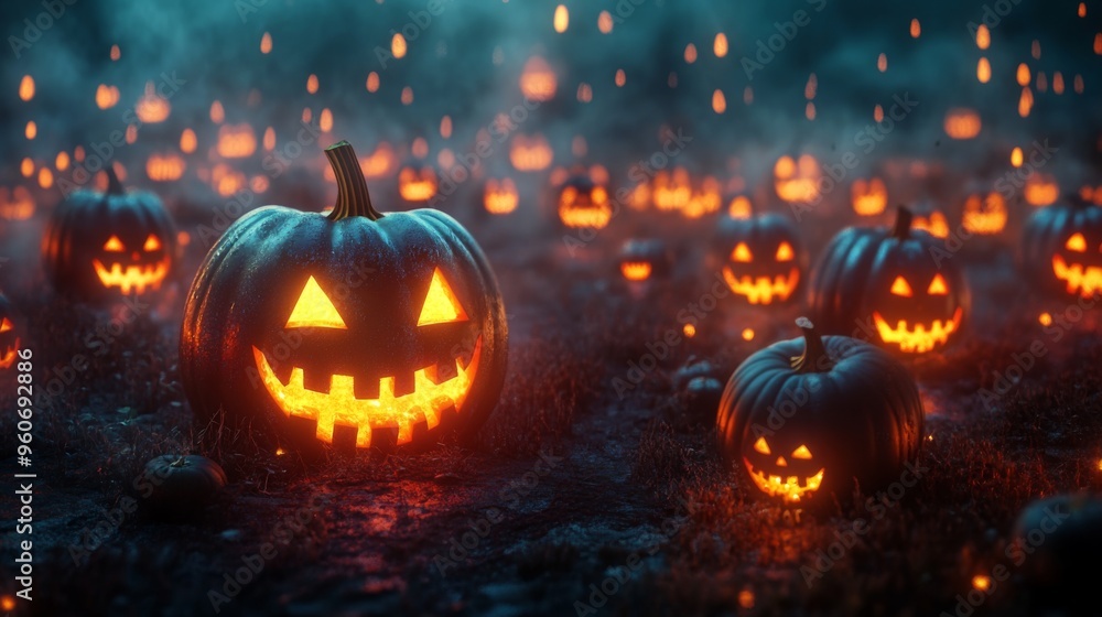 Glowing Jack-o'-Lantern in a Field of Spooky Pumpkins Glowing Jack-o'-Lantern in a Field of Spooky Pumpkins