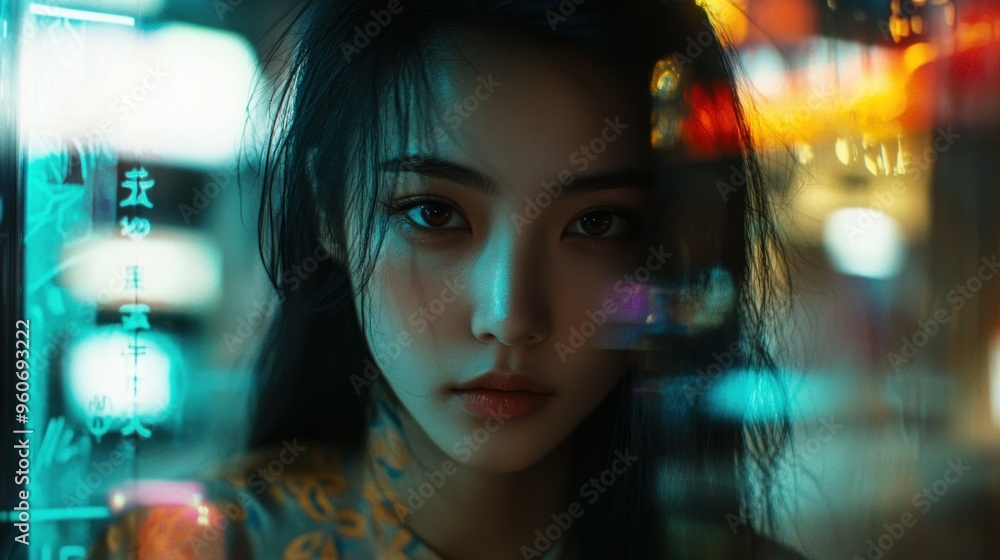 Woman's Face with City Lights Reflected in Her Eyes Woman's Face with City Lights Reflected in Her Eyes
