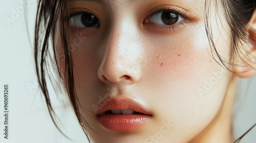 Close-up Portrait of a Woman with Freckles and Wet Hair