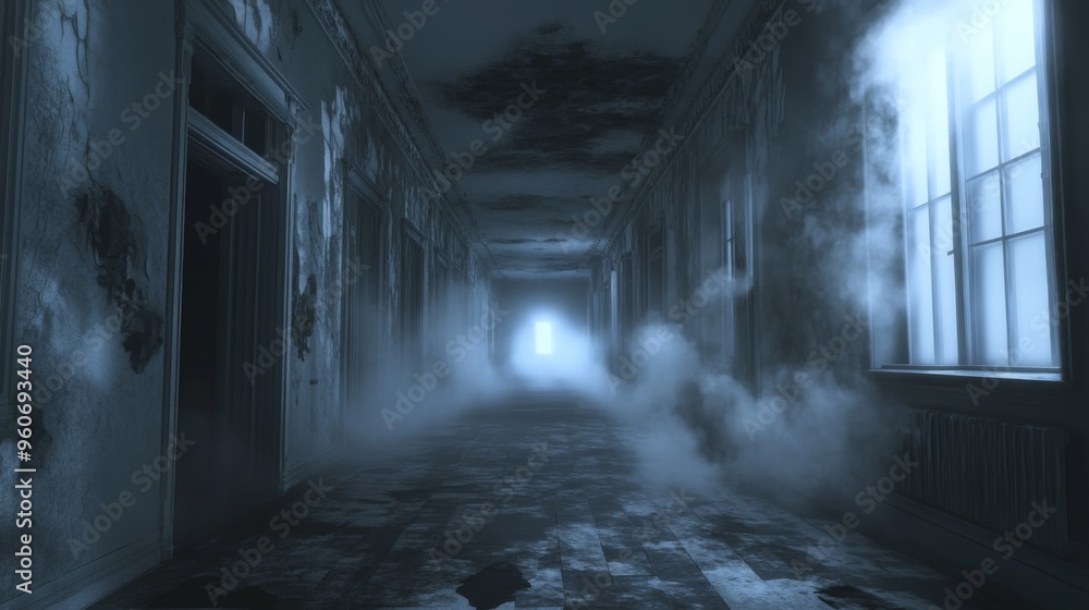 A Foggy and Eerie Hallway in an Abandoned Building A Foggy and Eerie Hallway in an Abandoned Building