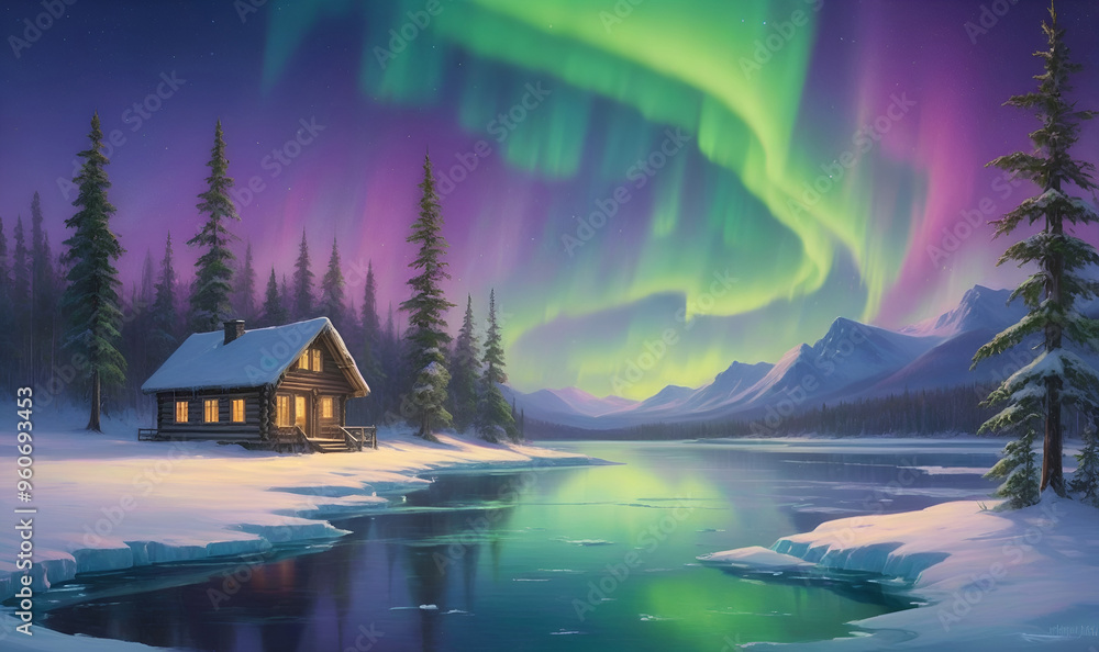 Fototapeta premium Mesmerizing northern lights over a snow-covered lake and a cozy forest cabin