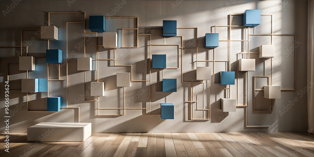 Modern wall art installation with geometric shapes and shadows in a stylish interior Modern wall art installation with geometric shapes and shadows in a stylish interior