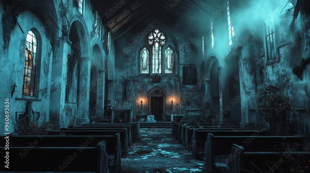 Eerie Interior of an Abandoned Church with Fog and Broken Windows Eerie Interior of an Abandoned Church with Fog and Broken Windows