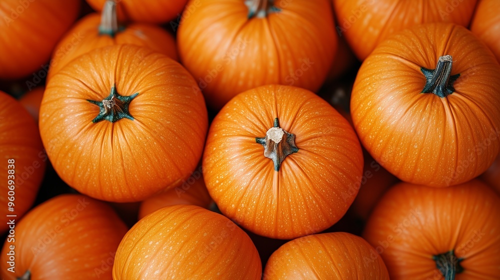Autumn Harvest. A close-up view of multiple bright orange pumpkins with prominent, textured ribs and attached greenish-brown stems. Autumn Harvest. A close-up view of multiple bright orange pumpkins with prominent, textured ribs and attached greenish-brown stems.