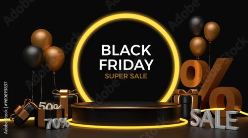 Black friday big sale showcase background with 3d podium, gift box and percent sign. Vector illustration