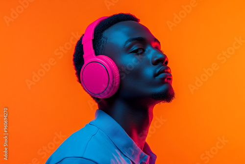 Trendsetting Men in Neon Pink Headphones with Solid Neon Orange Background Bold Lifestyle Portrait