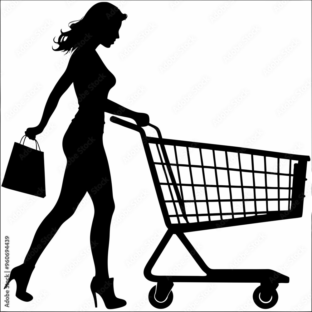 silhouette of a woman with shopping cart silhouette of a woman with shopping cart