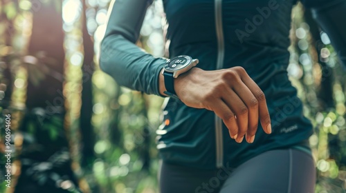 Woman Checking Her Smartwatch While Running in Forest