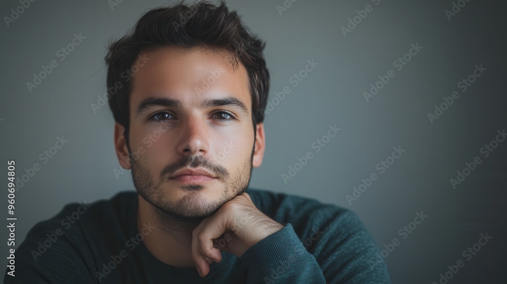 A man with a serious expression rests his chin on his hand, lost in deep thought while seated in a calm indoor setting. Generative AI A man with a serious expression rests his chin on his hand, lost in deep thought while seated in a calm indoor setting. Generative AI