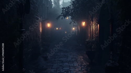 A Foggy, Lamp-Lit Alleyway in a Medieval City