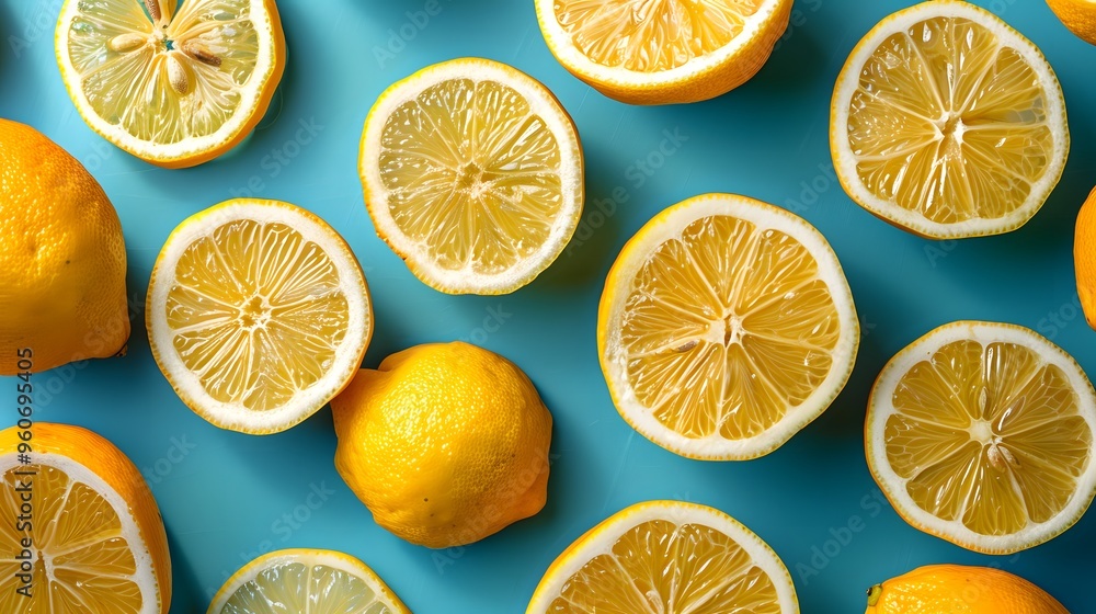 Fototapeta premium Sliced lemons arranged on turquoise background. Bright citrus pattern with whole and cut lemons. Summer fruit concept for background, marketing, banner, or food blog design. Fresh and vibrant colors