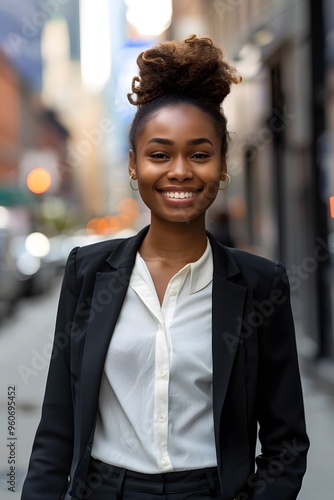 Young black African American business woman in city