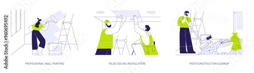 Interior works at commercial construction abstract concept vector illustrations.