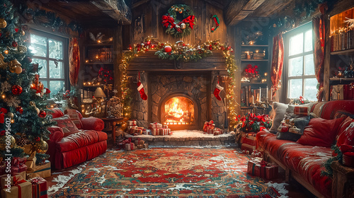 A charming living room is adorned for the holidays, featuring a beautifully decorated Christmas tree, a roaring fireplace, and colorful presents scattered around