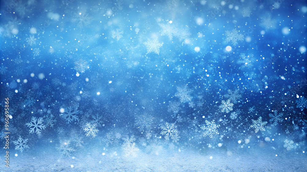 Obraz premium Delicate snowflakes falling on a blue winter background for seasonal decoration