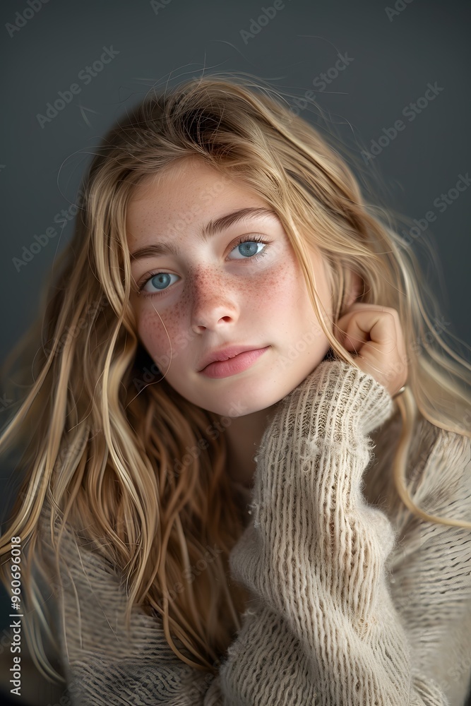 Young teenage woman girl with blonde hair isolated on gray Young teenage woman girl with blonde hair isolated on gray