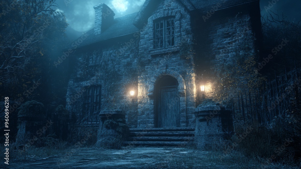 A Mysterious Stone House with Lanterns in a Foggy Forest at Night A Mysterious Stone House with Lanterns in a Foggy Forest at Night