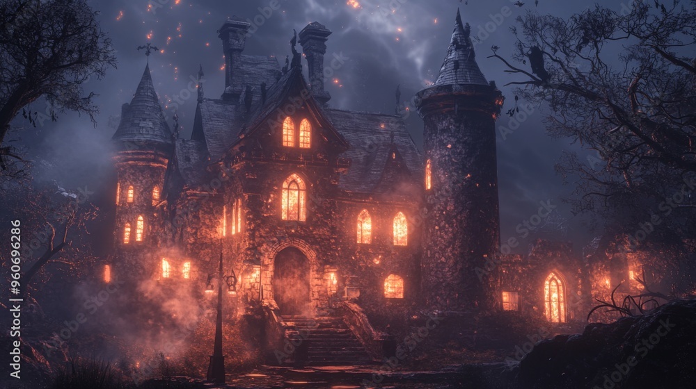 Fototapeta premium Eerie Gothic Castle Illuminated by Firelight