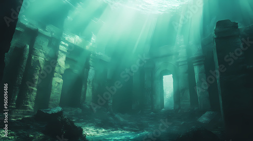 Mystical underwater ruins with sunlight beams. Ancient Ruins. Illustration