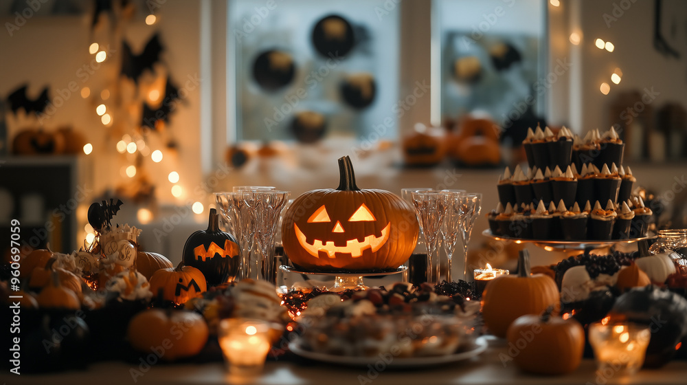 Fototapeta premium pumpkin and the other decoration for halloween party on the table at home