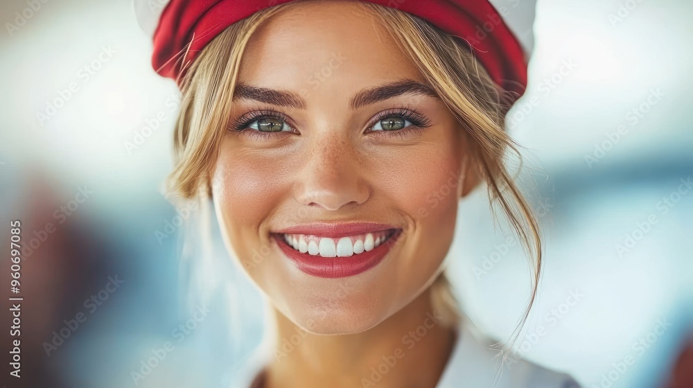 Naklejka premium A cheerful young woman in a red and white hat smiles warmly, captivating the atmosphere around her