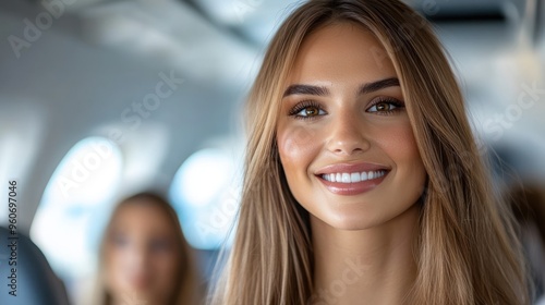 Free Download A cheerful young woman enjoys her flight, surrounded by friends, bringing warmth to the travel experience - GFXLoad