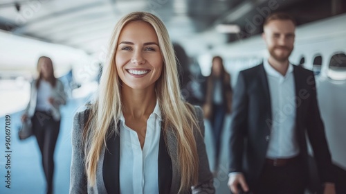 A group of business people confidently walking through an airport, radiating positivity and readiness for their journey
