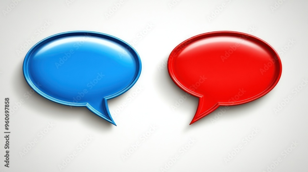 Two vibrant speech bubbles in blue and red symbolize dialogue and interaction on a neutral background Two vibrant speech bubbles in blue and red symbolize dialogue and interaction on a neutral background