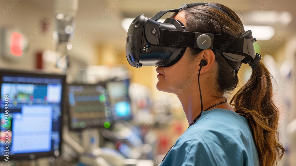 Female Doctor Using Virtual Reality Headset in a Hospital Female Doctor Using Virtual Reality Headset in a Hospital