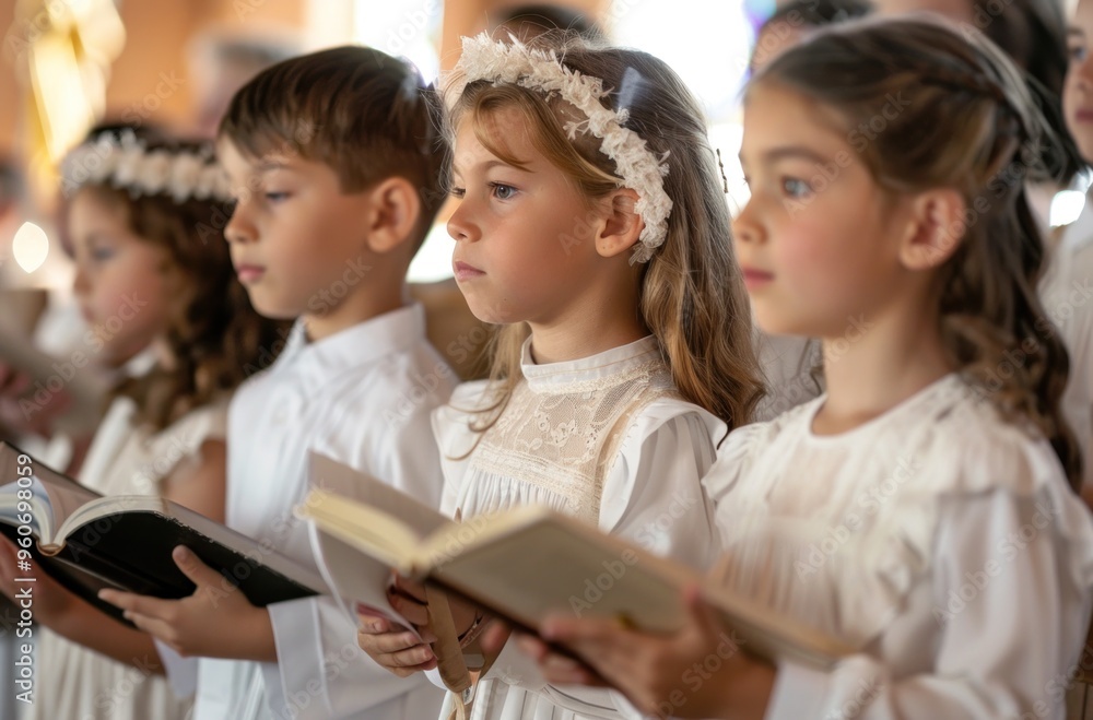 A group of children are sitting in a church and reading from a book A group of children are sitting in a church and reading from a book