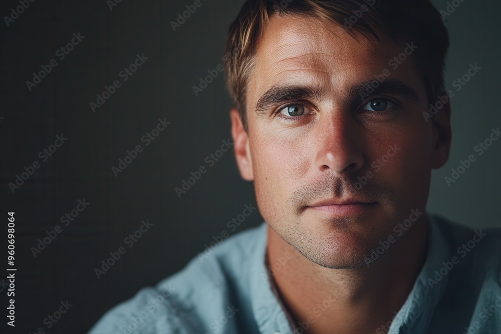 A man reflects deeply, his serious expression captured in soft light that highlights his thoughtful demeanor in a calm environment. Generative AI A man reflects deeply, his serious expression captured in soft light that highlights his thoughtful demeanor in a calm environment. Generative AI