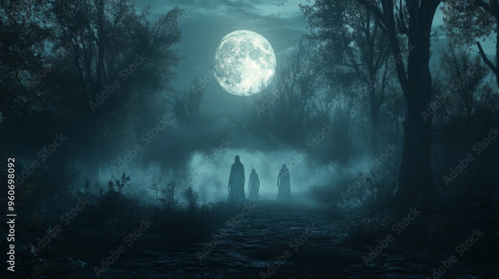 Silhouettes of Three Figures Walking Through a Foggy Forest Under a Full Moon Silhouettes of Three Figures Walking Through a Foggy Forest Under a Full Moon