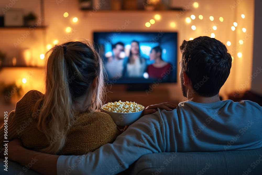Young couple cuddling on sofa, watching a streaming show on smart TV, popcorn bowl nearby Young couple cuddling on sofa, watching a streaming show on smart TV, popcorn bowl nearby
