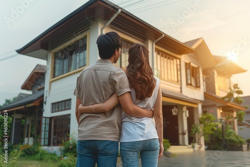 Rear view of couple hugging in front of a new house